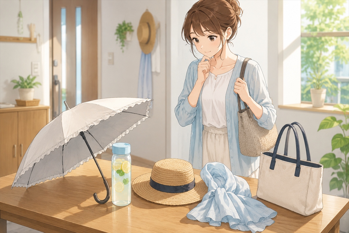 日傘と飲み物と帽子を組み合わせた夏の暑さ対策
