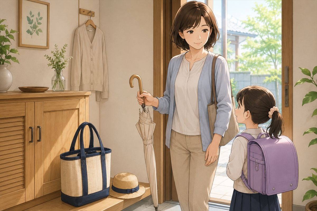 子どもの送迎で安全に使いやすい涼しい日傘を準備する様子