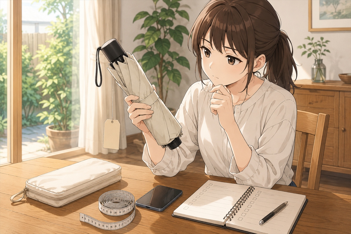 涼しい日傘の購入前チェックリストを確認する主婦
