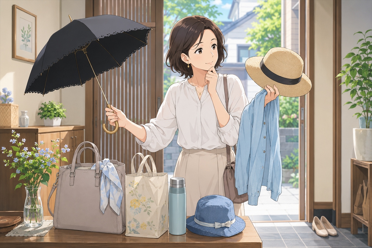 涼しい日傘と帽子や飲み物を暮らしに合わせて選ぶ主婦