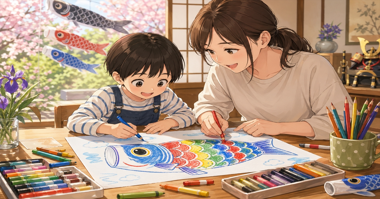 親子で描く鯉のぼり