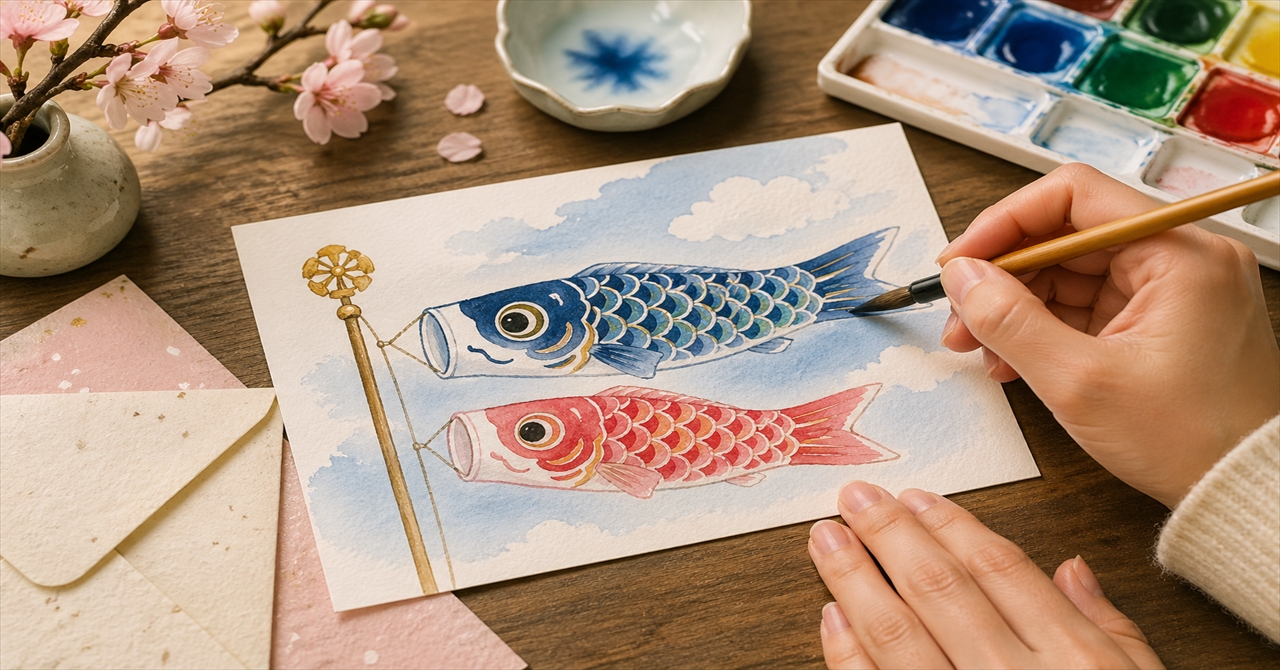鯉のぼりの絵手紙の作り方