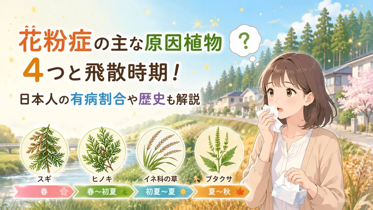 花粉症の原因となるスギ・ヒノキ・イネ科・ブタクサと、くしゃみに悩む女性