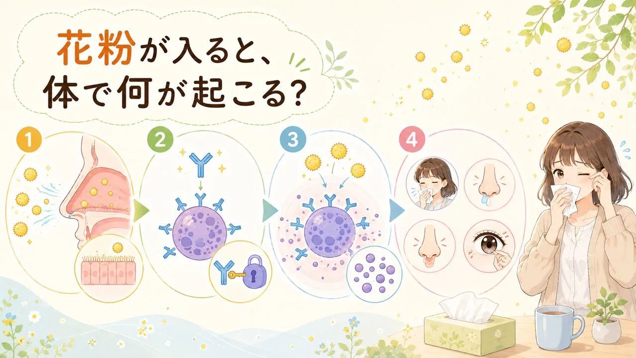 花粉が鼻に入り、IgE抗体やヒスタミンによって花粉症の症状が起こる仕組み