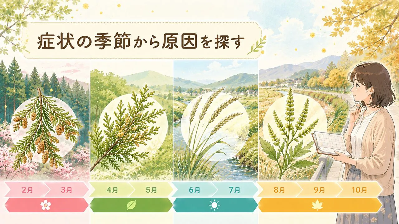 花粉症の主な原因植物であるスギ・ヒノキ・イネ科・ブタクサと飛散時期の比較
