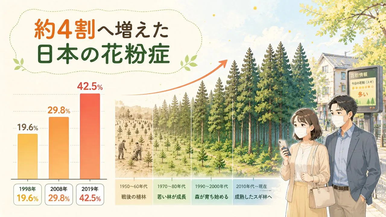 日本人の花粉症有病率が1998年から2019年にかけて増加した推移とスギ林