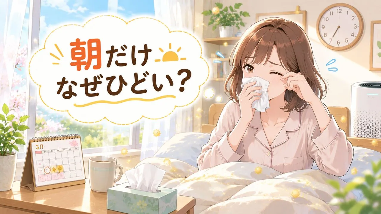 朝の寝室でくしゃみや鼻水が強くなる花粉症のモーニングアタックに悩む女性