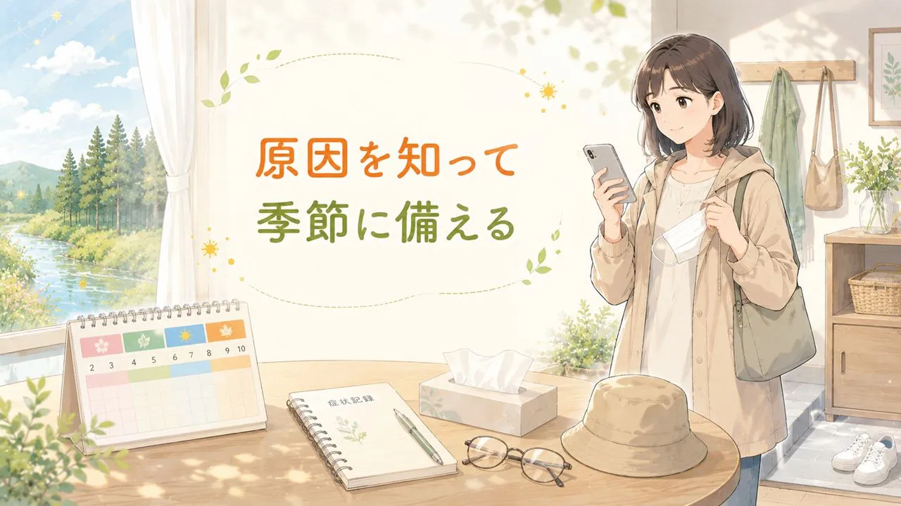 花粉症の原因と飛散時期を確認し、外出前の対策を整える女性の様子