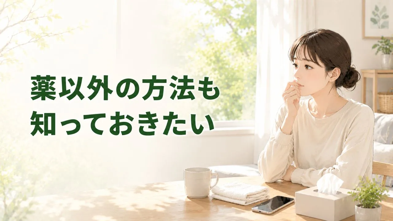 花粉症の鼻づまりに悩み、薬以外の対処法を考える自宅の女性