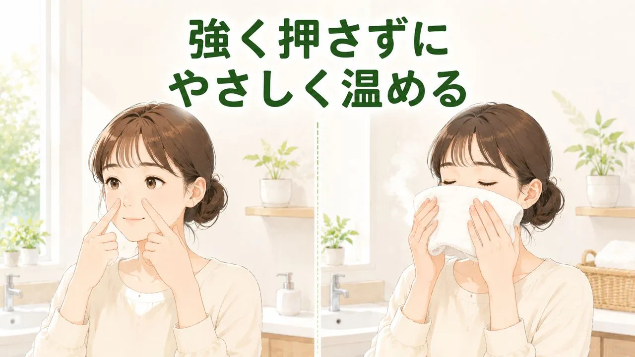 小鼻の横を押すツボ押しと蒸しタオルで鼻を温める花粉症セルフケア