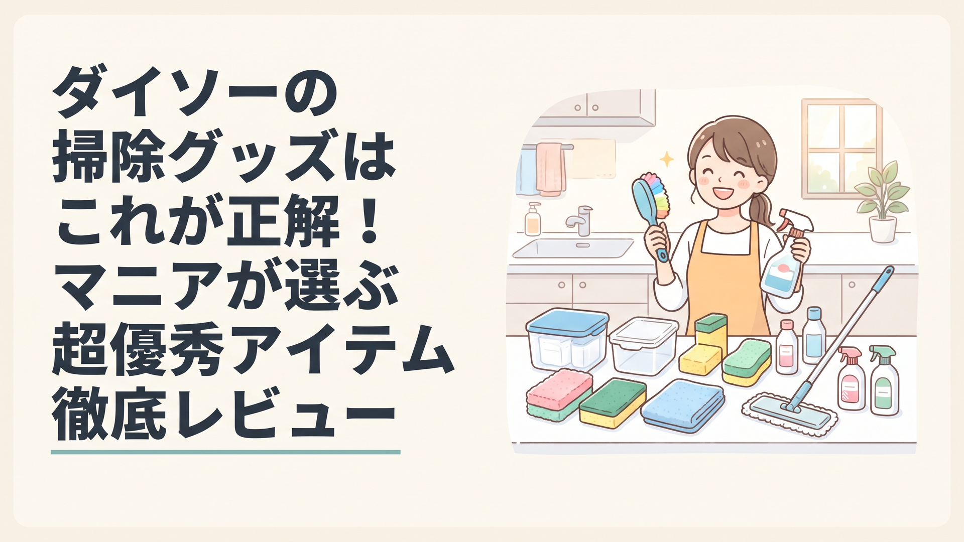 ダイソーの掃除グッズ10点をキッチンや洗面台の背景に並べた明るい生活シーン