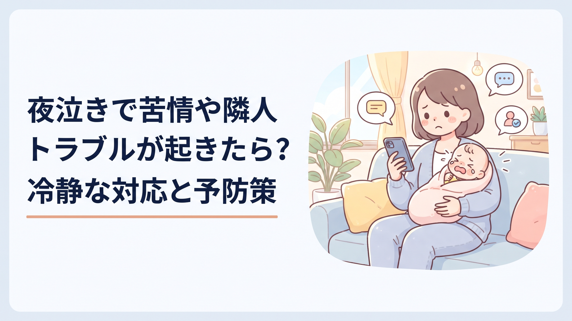 夜泣きする赤ちゃんを抱きながら管理会社への相談を考える保護者