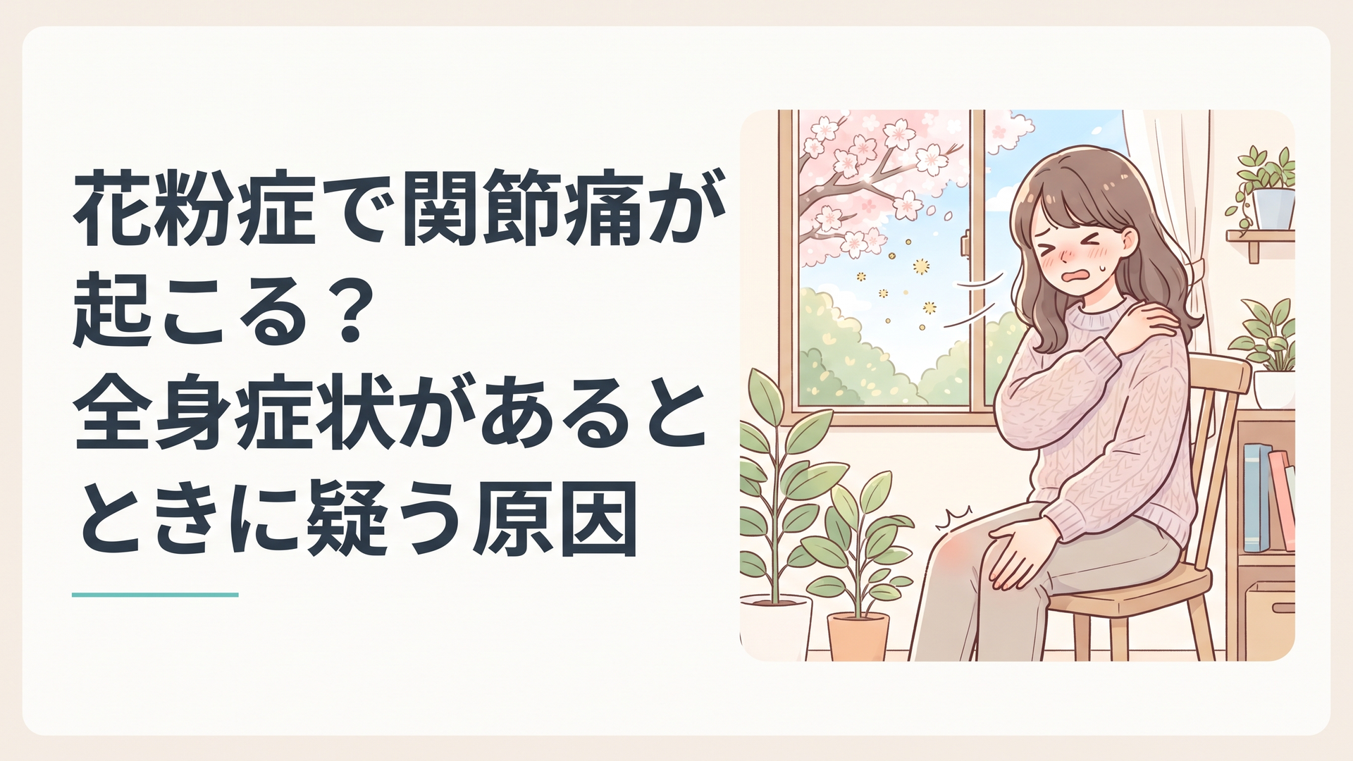 春の窓辺で肩や膝をさすりながら、くしゃみを我慢する女性のイラスト