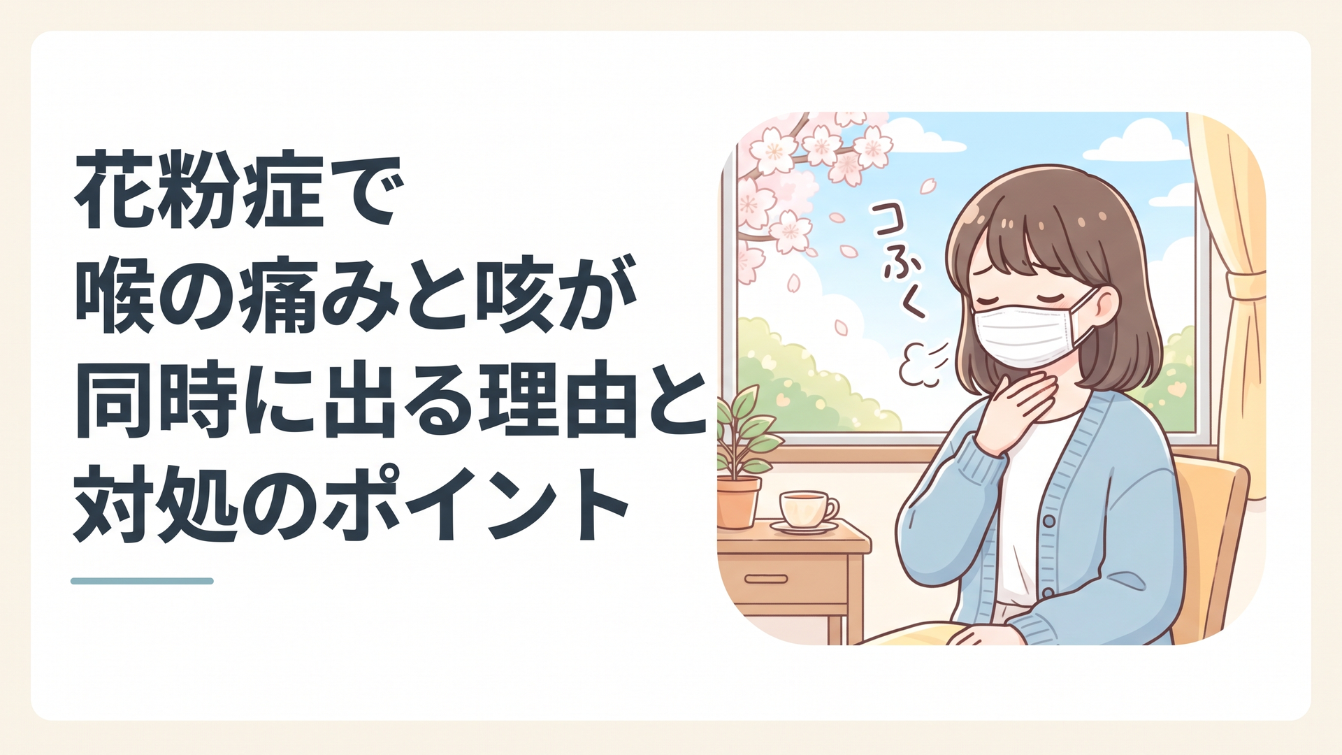 春の窓辺で喉に手をあて、マスク越しに小さく咳き込む女性の柔らかな午前の光景