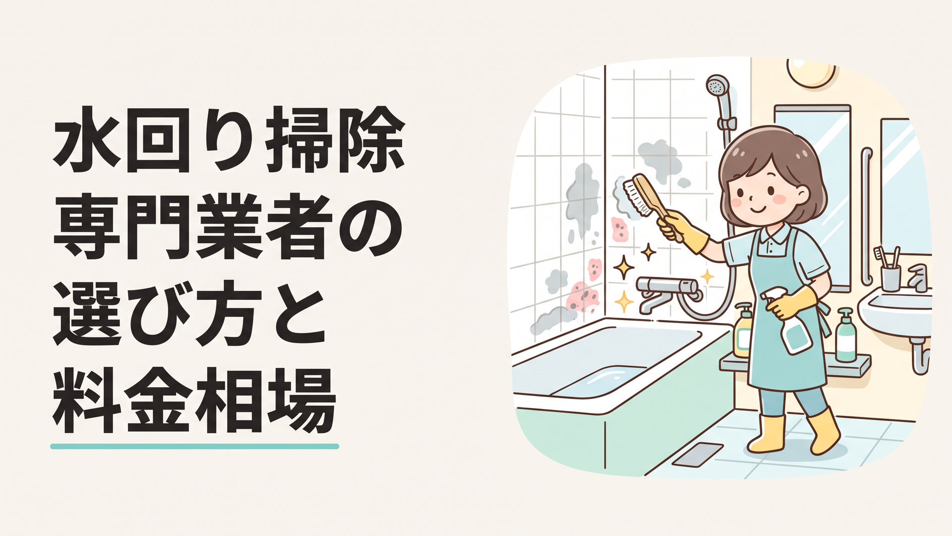 プロの清掃スタッフが浴室の水垢やカビを丁寧に磨き上げているシーン