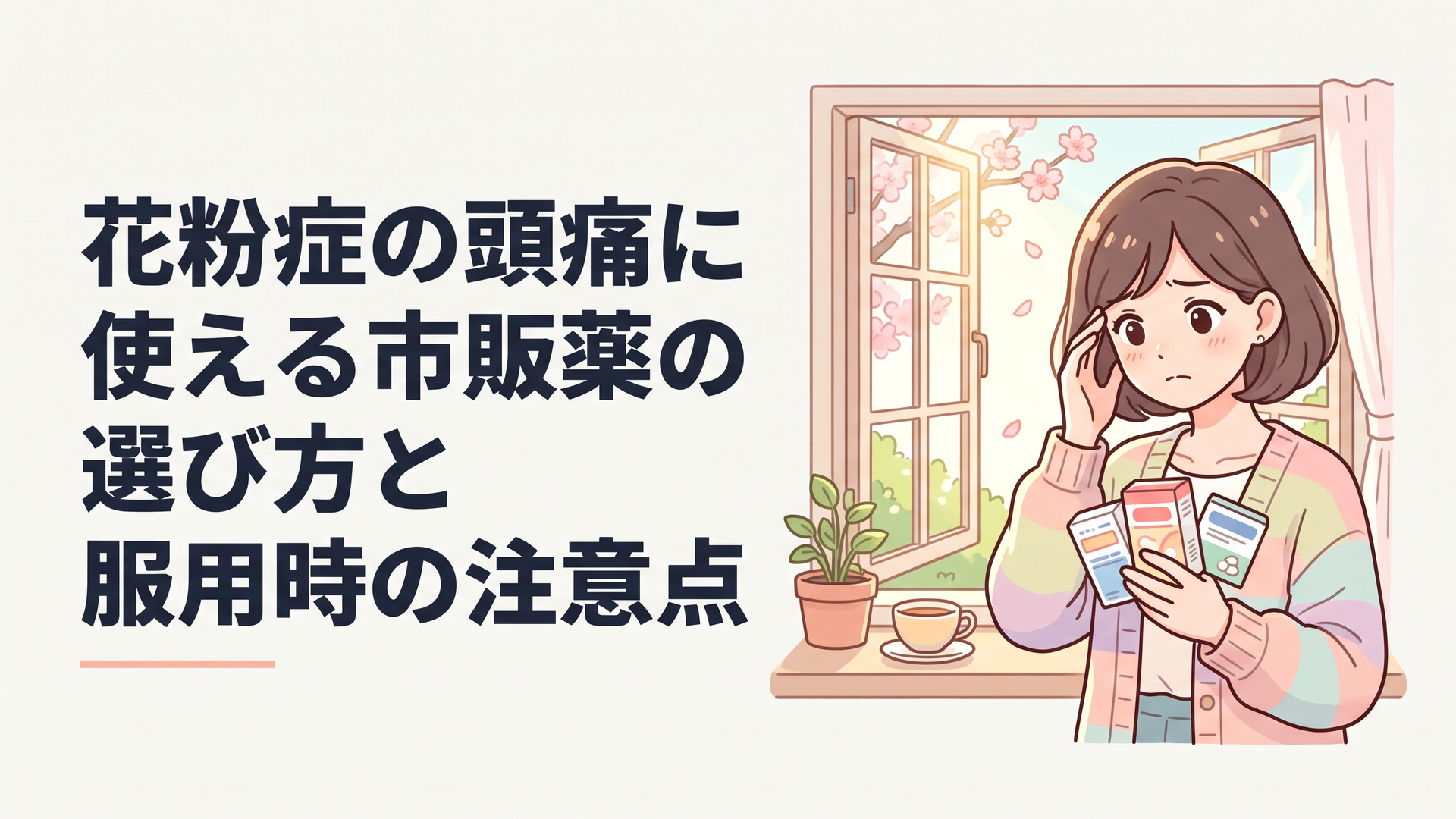 春の窓辺でこめかみを押さえながら市販薬のパッケージを見比べる女性