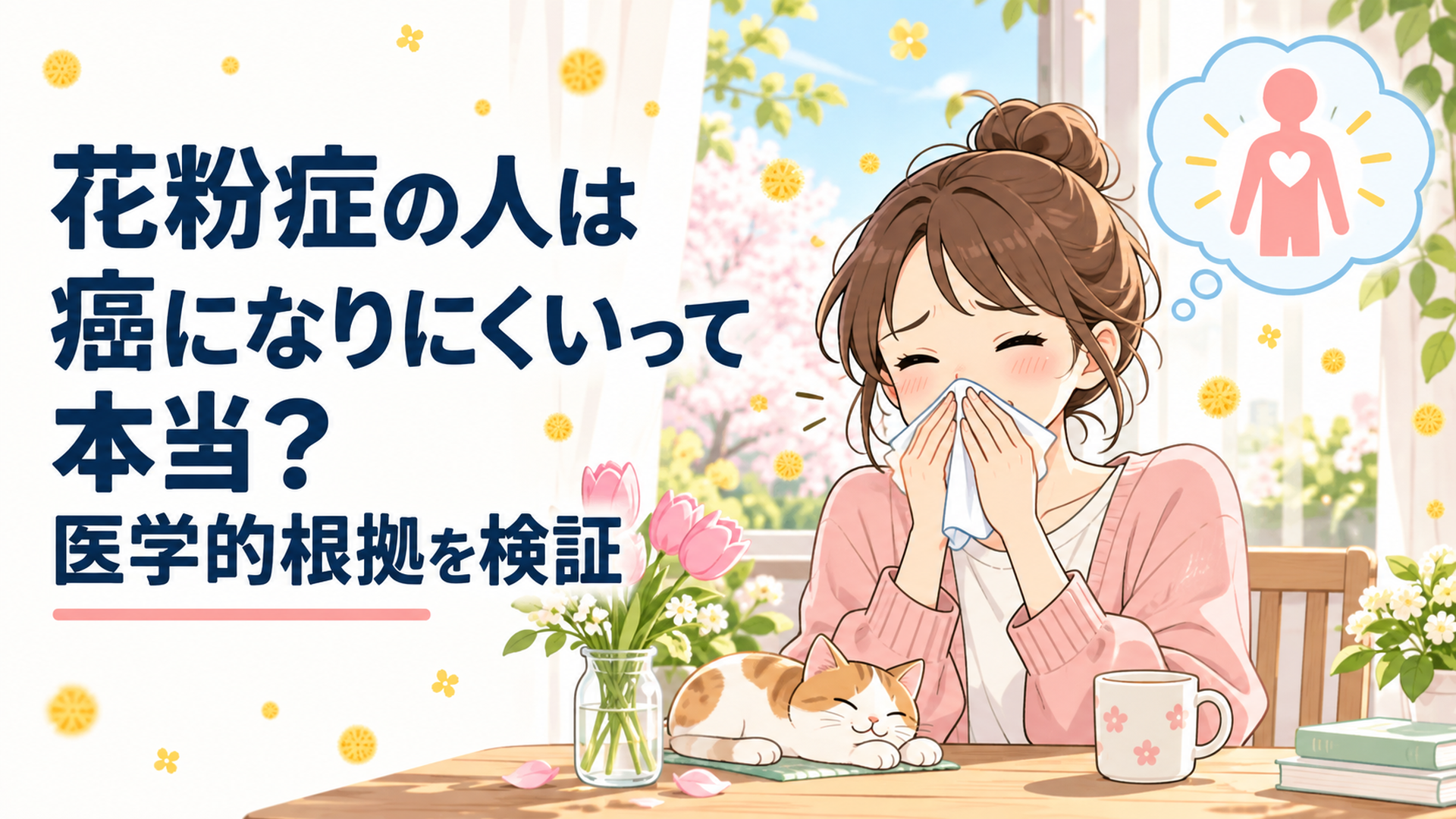 春の花粉が舞う窓辺で、くしゃみをこらえながら健康について考える女性のイメージ