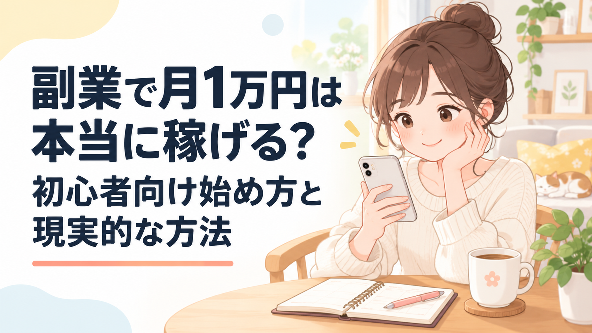 スマホで副業アプリを開きながら微笑む女性、テーブルには手帳とコーヒー