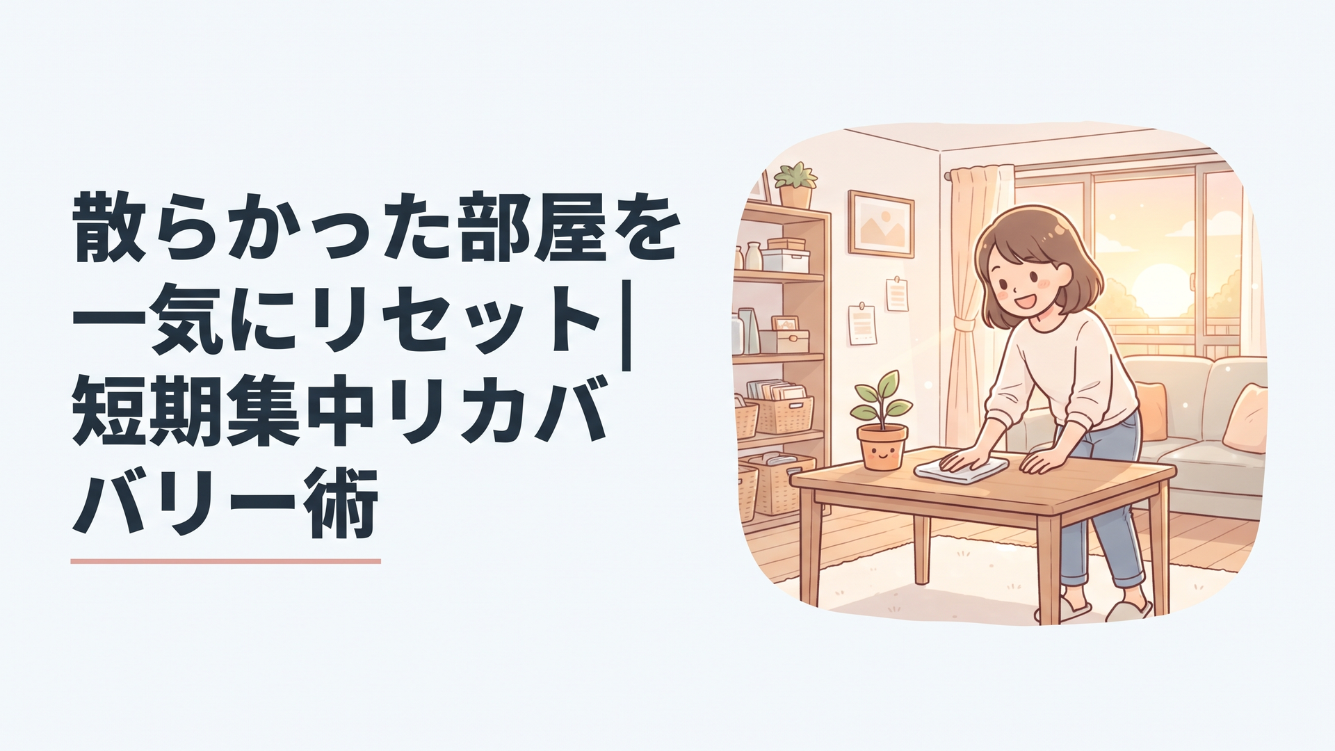 夕暮れの光が差し込むリビングで、短時間でテーブルを拭き上げてリセットする女性のシーン