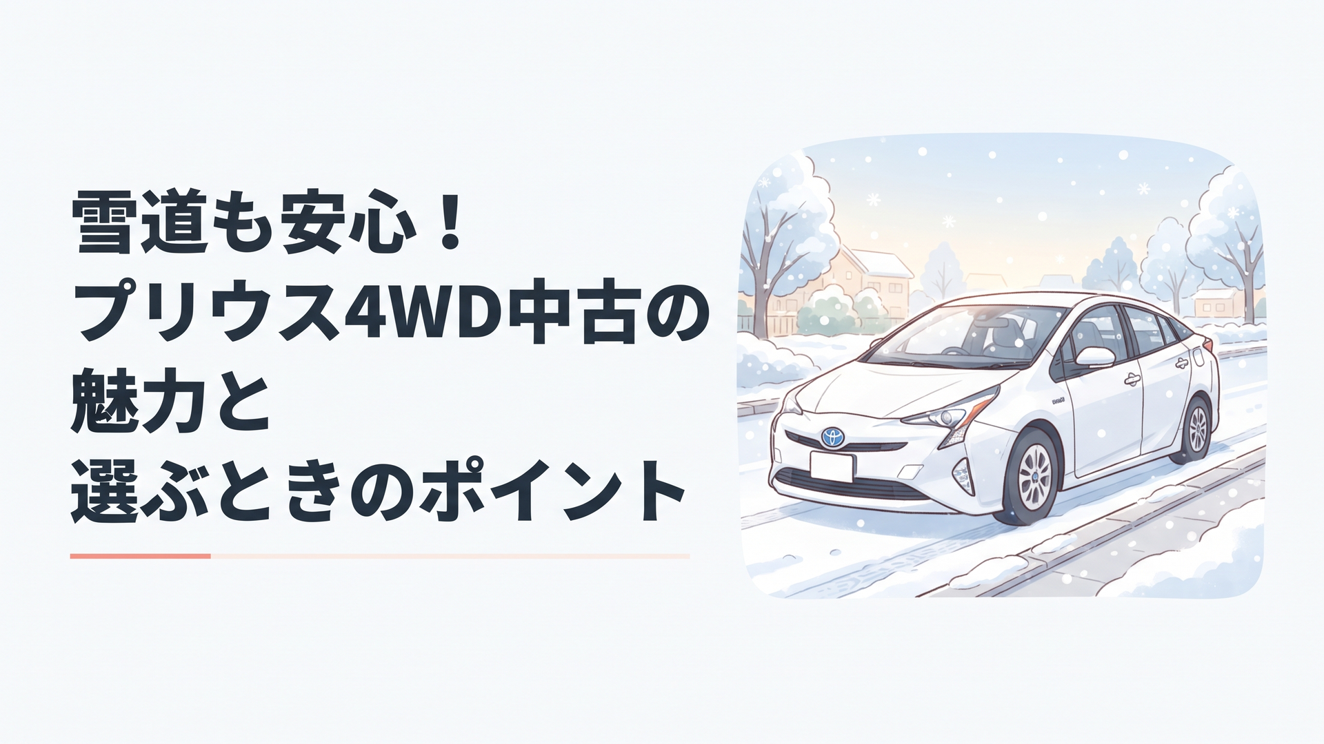 雪が積もった早朝の道路に静かに停まる白いプリウス、冬の澄んだ空気感