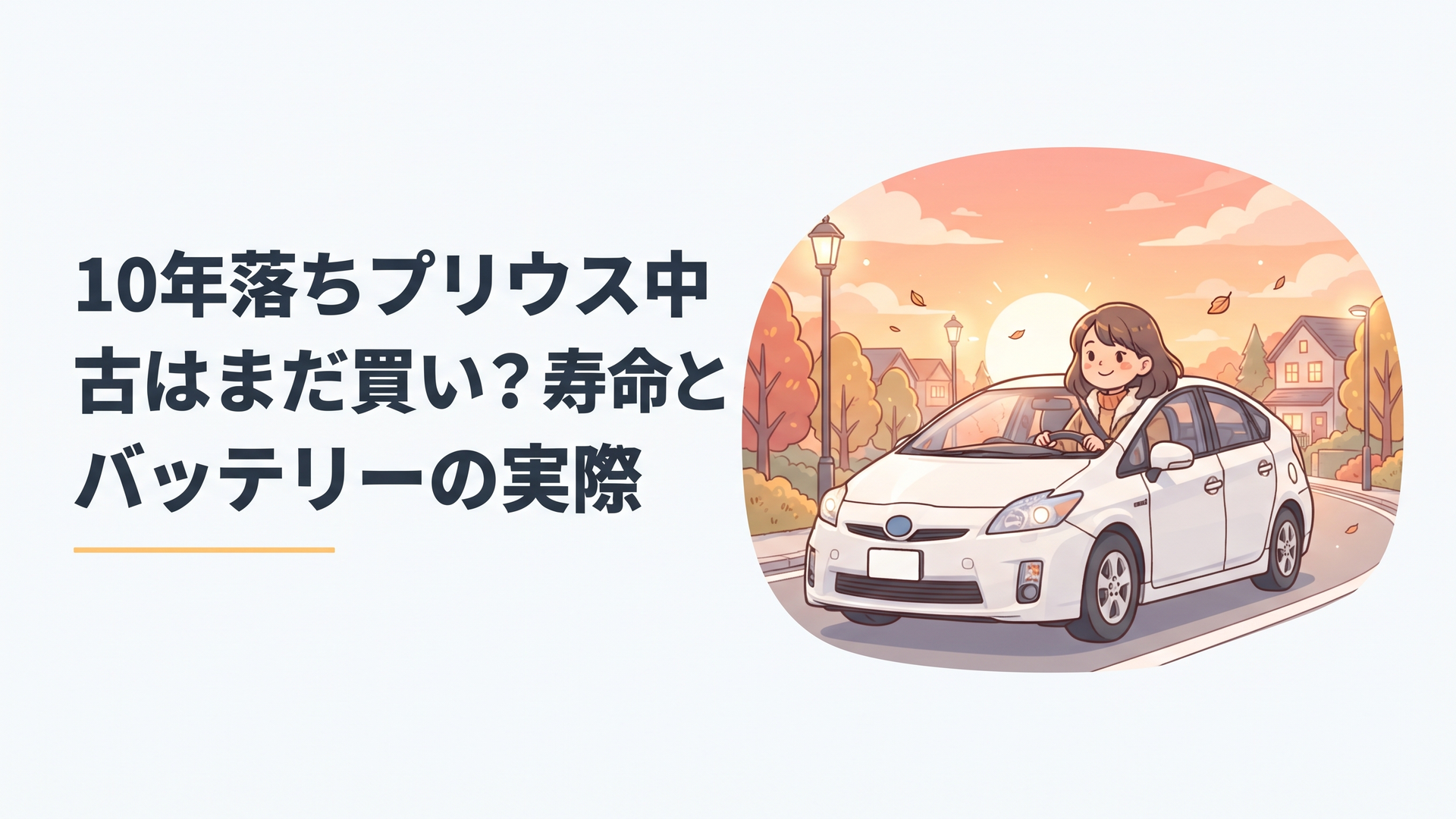 夕暮れの街路を走る10年落ちの白いプリウス、やわらかな光と穏やかな雰囲気