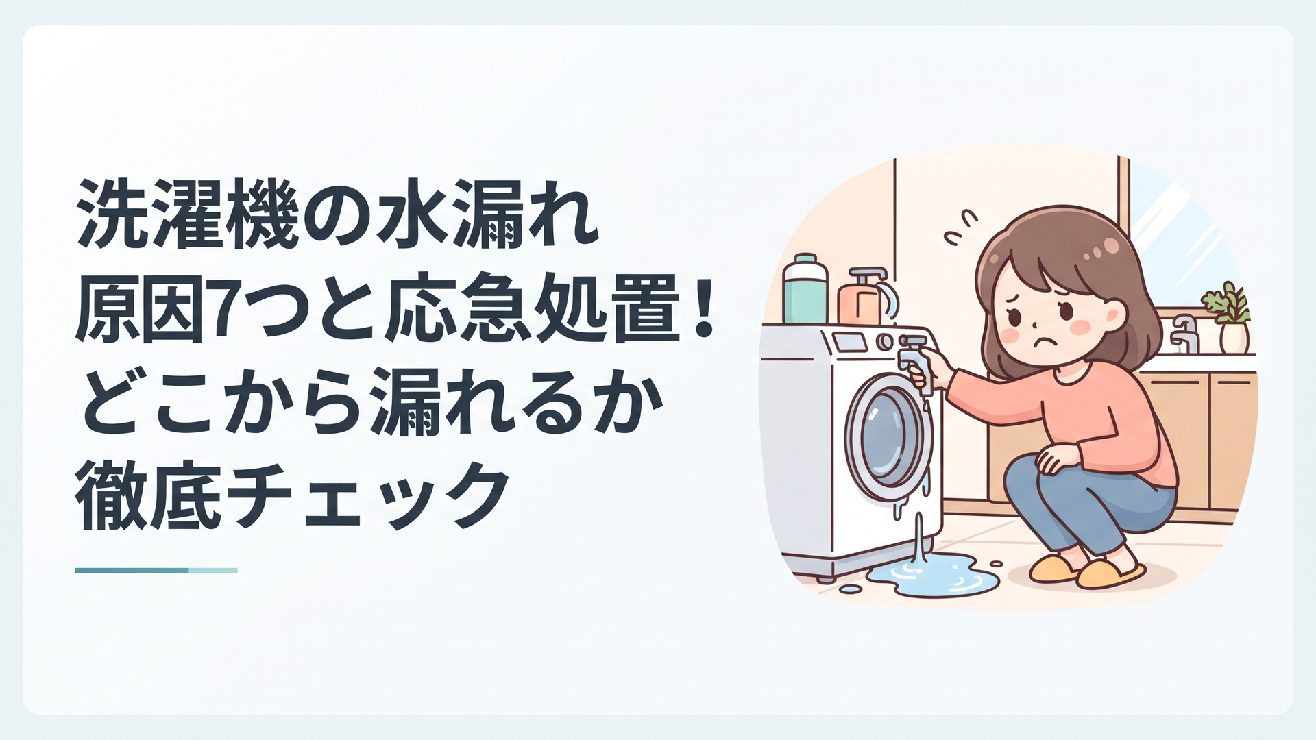 脱衣所の洗濯機の足元に水がにじみ、手を伸ばして蛇口を閉めようとする場面。暗めの背景に不安げな空気感