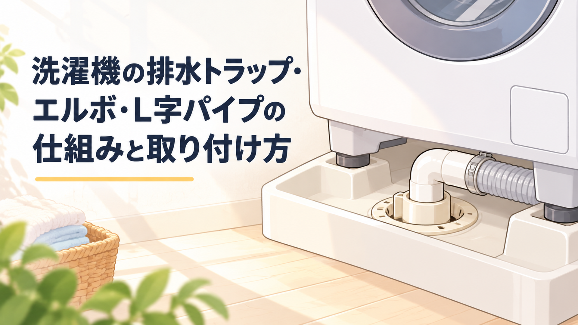 洗濯機の下にある防水パンとL字型の排水トラップのクローズアップ、やわらかい朝の光