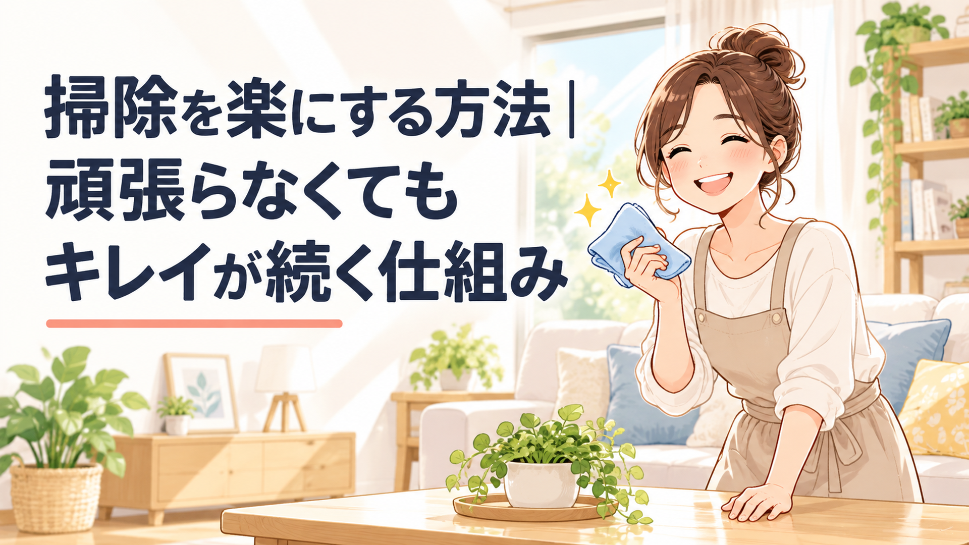 朝の光が差し込む整ったリビングで、片手にマイクロファイバークロスを持って微笑む34歳くらいの女性