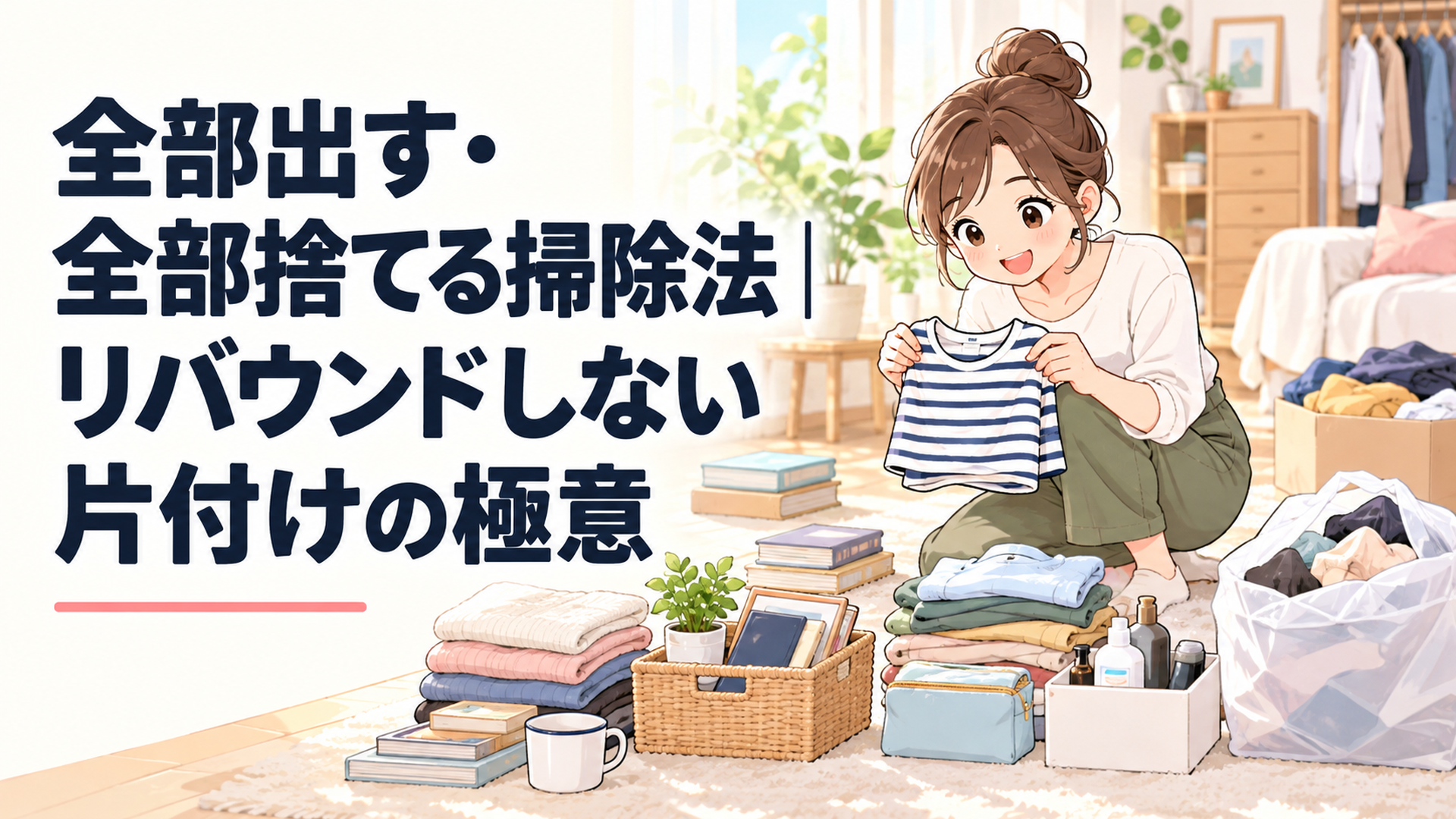 床に衣類やモノを種類ごとに小さく積み上げ、途中で仕分けしている片付け中の部屋