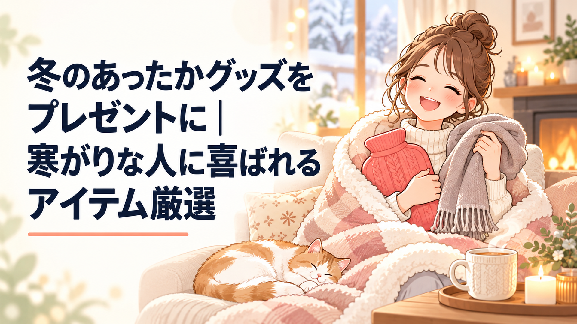 毛布にくるまり湯たんぽとカシミヤマフラーを抱えて微笑む女性、暖色の光に包まれた冬のリビング