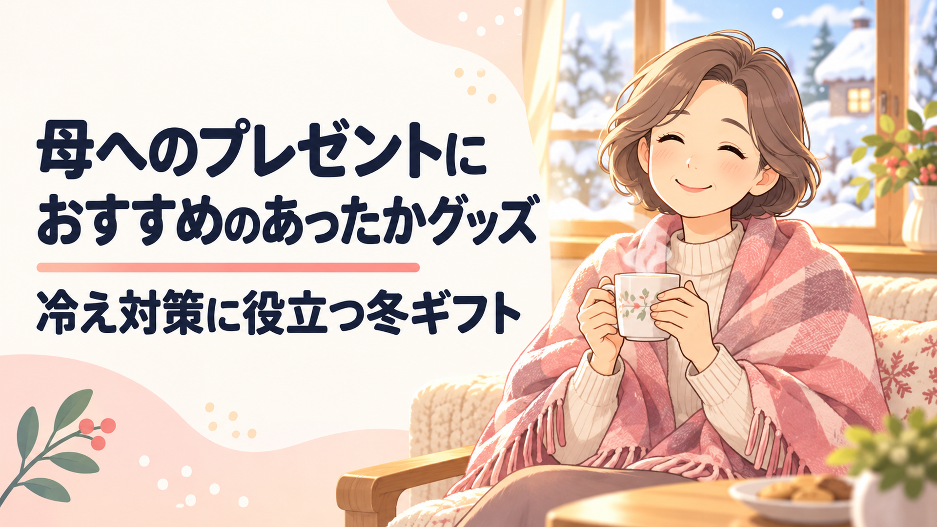 冬の窓辺で温かいストールを肩にかけ、湯気立つマグカップを手に微笑む母世代の女性