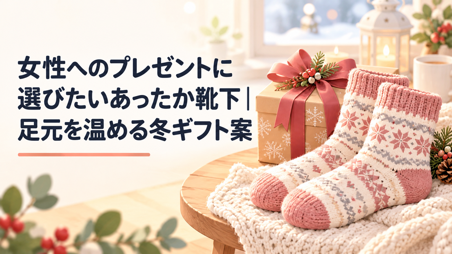 毛糸のあったか靴下とラッピングされた冬のギフトボックスが並ぶ、やわらかな光のテーブル